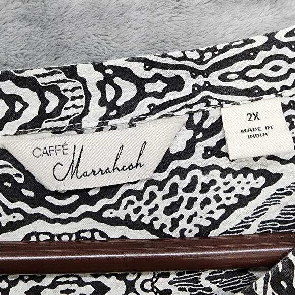 Caffe Marrakesh Top Women 2X Black White Popover Button Neck Short Sleeve Cotton - Picture 6 of 11